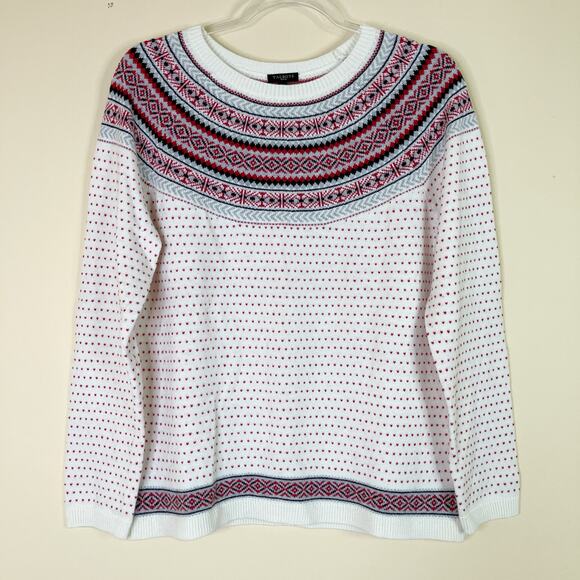 Talbots | Fair Isle Cream Red Sweater Dotted Womens L Petite Nylon Lambswool - Picture 1 of 6